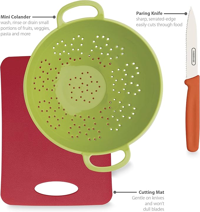 Farberware Healthy Eating 3 Piece Set with Mini Colander with Paring Knife, Small Cutting Mat