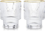 Viski Meridian Lowball Glasses Set of 2 - Premium Crystal Clear Vintage Drinking Tumblers for Whiskey, Scotch & Bourbon in Art Deco Ripple Glassware Design, Gold Rimmed Glassware Gift Set, 10.5 oz