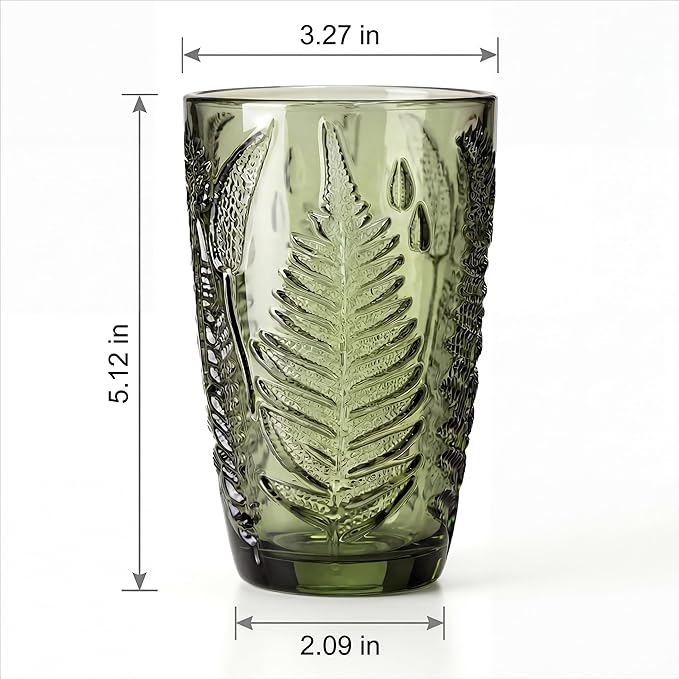 Vintage Green Drinking Glasses Set of 8, 12 oz Hand-Pressed Green Glass Tumblers, Deep Fern Embossed Antique Colored Glassware, Boho Style Textured Highball Cups, Retro Drinkware Gift Set for Home Bar