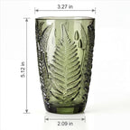 Vintage Green Drinking Glasses Set of 8, 12 oz Hand-Pressed Green Glass Tumblers, Deep Fern Embossed Antique Colored Glassware, Boho Style Textured Highball Cups, Retro Drinkware Gift Set for Home Bar