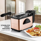 OVENTE Electric Deep Fryer 2L Capacity, Lid with Viewing Window, Adjustable Temperature, Removable Frying Basket & Cool Touch Handle, 1500W Power, Easy to Clean Stainless Steel Body, Copper FDM2201CO