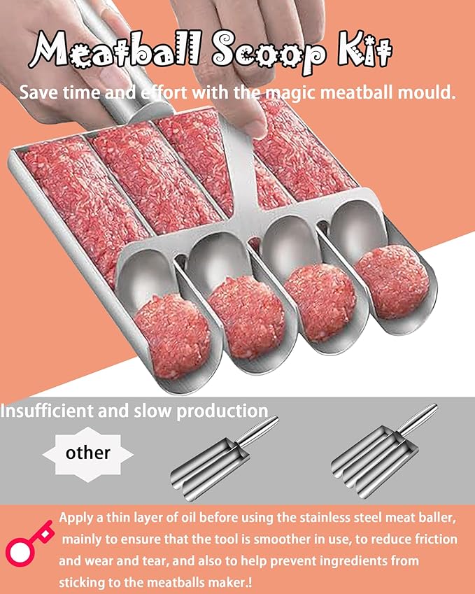 4-in-1 Meatball Maker Tool, 304 Stainless Steel Meatball Scoop & Mold, Makes 4 Uniform Meatballs at Once, Nonstick Release, Dishwasher Safe, for Pasta, Soup, Meal Prep & Party Appetizers