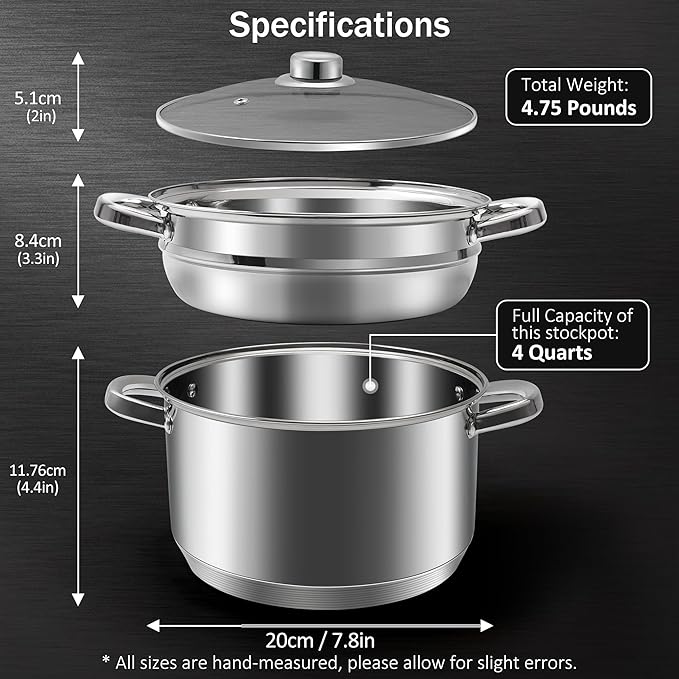 AuFranc® 4 Quart 18/10 Stainless Steel Tri-ply Stockpot and Steamer with Tempered Glass Lid, Multipurpose Steamer Pot Compatible with All Cooktops, Non-Toxic Soup Pot, Oven & Dishwasher Safe (Silver)