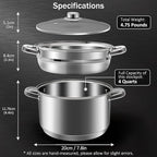 AuFranc® 4 Quart 18/10 Stainless Steel Tri-ply Stockpot and Steamer with Tempered Glass Lid, Multipurpose Steamer Pot Compatible with All Cooktops, Non-Toxic Soup Pot, Oven & Dishwasher Safe (Silver)