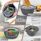 4-1 Colander with Lid Set - Rotatable Strainer With Bowl(Patented), Pasta Strainer with New Upgraded Graters, Strainer And Colanders, Fruit Cleaner, Veggie Wash, Apartment Kitchen Gadgets - Grey