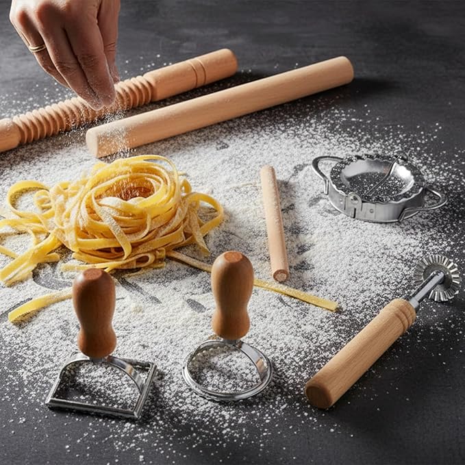 11 Pcs Pasta Making Tools Kit - Pasta Drying Rack, Gnocchi Board,Pasta Cutter, Ravioli Stamps, Wood Threaded Pasta Roller Pin Set, Noodle and Dumplings Maker