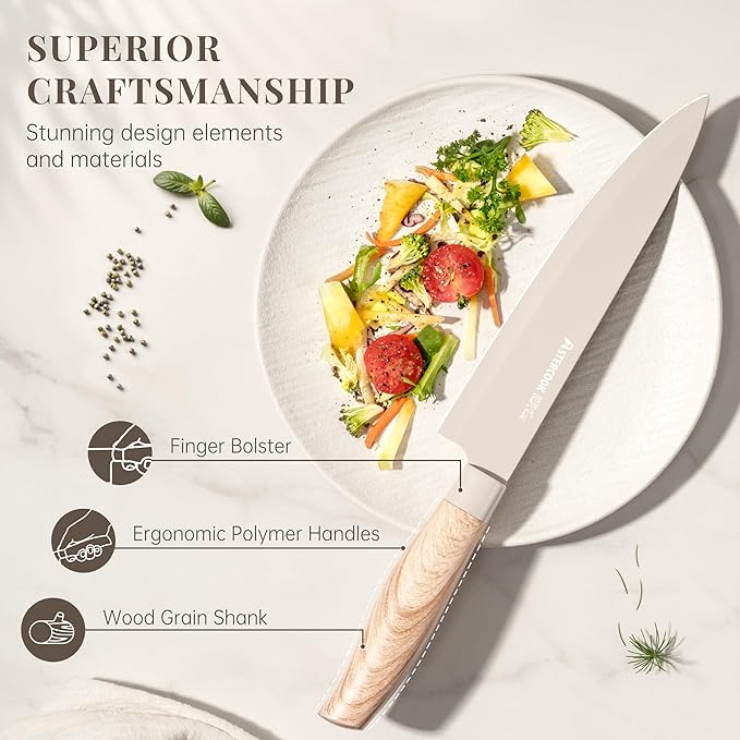 Astercook Knife Set, 6-Piece Kitchen Knife Set with Block, High Carbon Stainless Steel Ultra Sharp Kitchen Knives, Wood Grain Handle, Dishwasher Safe Knife Block Set, Khaki