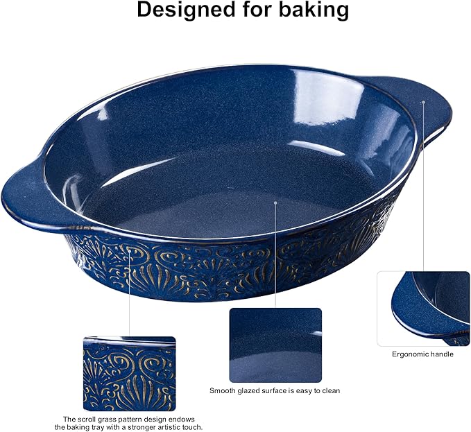 Dafuceramic Casserole Dishes for Oven Sets of 3, Ceramic Oval Baking Dish, Au Gratin Baking Pans with Handles for Roasting, Lasagna, Pie, Baking Meat & Vegetables, Blue