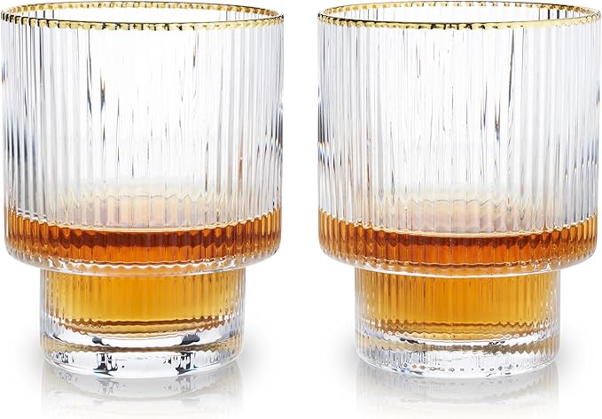 Viski Meridian Lowball Glasses Set of 2 - Premium Crystal Clear Vintage Drinking Tumblers for Whiskey, Scotch & Bourbon in Art Deco Ripple Glassware Design, Gold Rimmed Glassware Gift Set, 10.5 oz