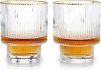 Viski Meridian Lowball Glasses Set of 2 - Premium Crystal Clear Vintage Drinking Tumblers for Whiskey, Scotch & Bourbon in Art Deco Ripple Glassware Design, Gold Rimmed Glassware Gift Set, 10.5 oz