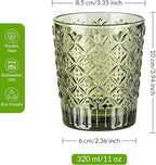 Joeyan Green Vintage Drinking Glasses,Embossed Water Glass Cups,Colored Decorative Glass Tumblers,Elegant Glassware Cups for Beverages Juice Cocktail Beer,11 oz,Set of 6,Dishwasher Safe