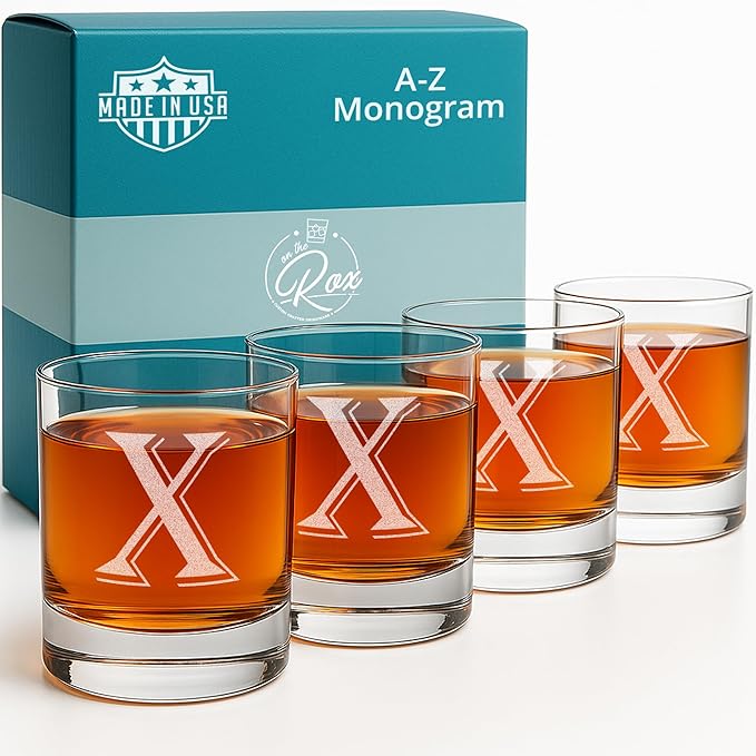 On The Rox (X-Monogram)- 4 Piece Set of 11 Ounce Engraved Heavy Base Rocks Glasses- Quality Elegant Glass-Multi-Purpose Beverage-Rocks Glass- For any Occasion