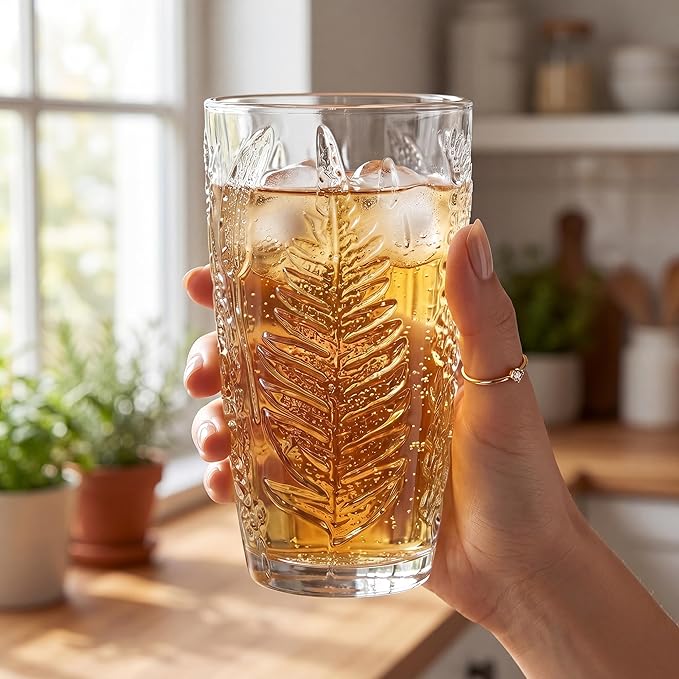 Vintage Drinking Glasses Set of 4, 16 oz Hand-Pressed Clear Glass Tumblers, Fern Embossed Retro Glassware, Textured Cups for Water, Cocktails & Beer, Decorative Kitchen Drinkware, Unique Boho Gift Set