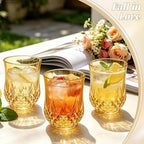 24 Pack Plastic Stemless Wine Glasses,12oz Unbreakable Vintage Elegant Drinking Glass Set,Reusable Fancy Cocktail Cups for Party, Wedding, and Bulk Events (24, 12oz-Gold)
