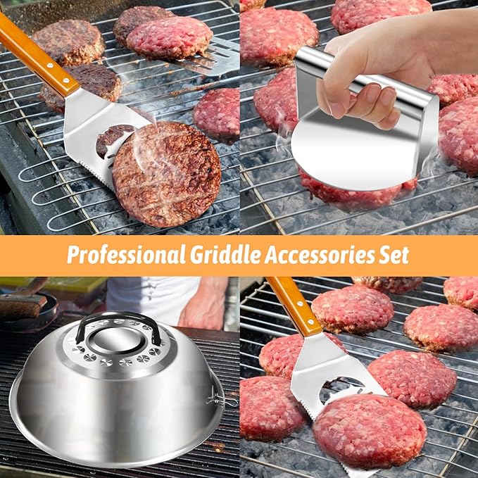 Smashed Burger Set, Stainless Steel Burger Press Kit, Burger Press, 10 Inch Basting Cover, Grill Spatula,1 BBQ Glove - Griddle Accessories for Blackstone or Flat Top Griddle Grill Cooking