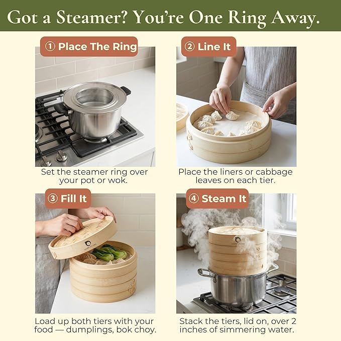 HAPPi STUDIO Stainless Steel Bamboo Steamer Ring - Fits 8 10 11 12 Inch Bamboo Dumpling Basket - Dim Sum Steamer Ring Adapter for Wok, Pot, Rice Cooker