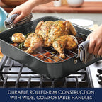 Rachael Ray Bakeware Nonstick Roaster/Roasting Pan with Reversible Rack, 16.5 Inch x 13.5 Inch, Gray