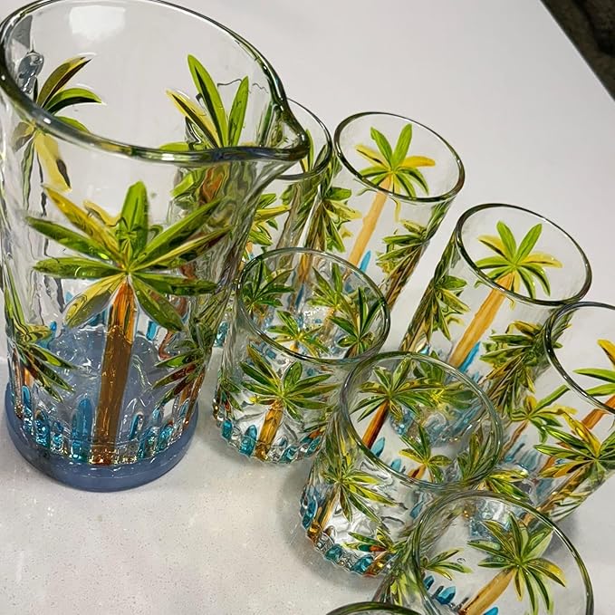 Tropical Summer Drinking Glasses 4 Tall Coconut Tree Design Pool Party Caribbean Beach Theme Colorful Tiki Bar Margarita Mix Drink Mojito Martini Pool Party Cup Palm Trees Engraved Whiskey Sour Glass