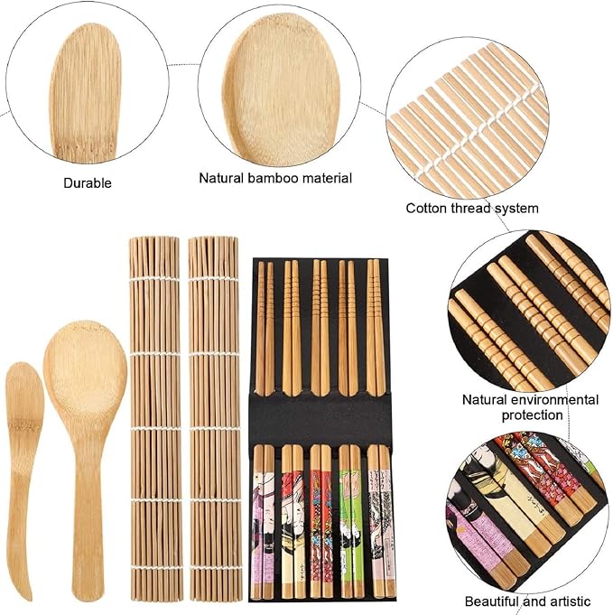 Sushi Making Tools Beginner Tools Set Include Sushi Rolling Pads Nori Rice Bamboo Curtain Roll Mats Equipment Chopsticks Rice Paddle and Rice Spreader, Set of 9