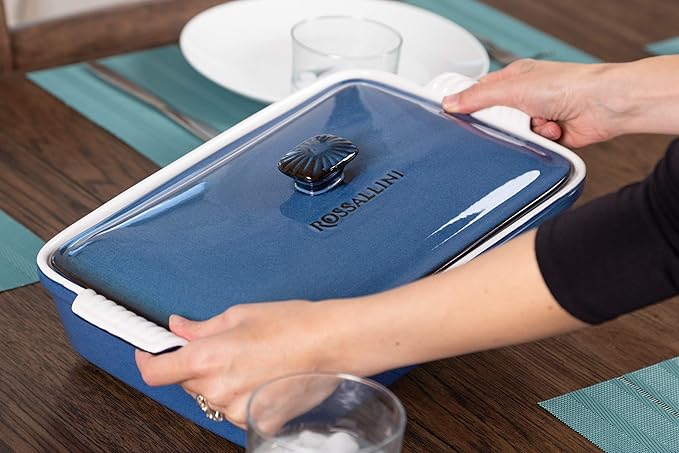 ROSSALLINI Stoneware Casserole Dish Bakeware Set with Lid, Covered Rectangular Dinnerware, Large 3.2 Quart, 11 by 9 Inch, Blu Indaco [Reactive Blue]