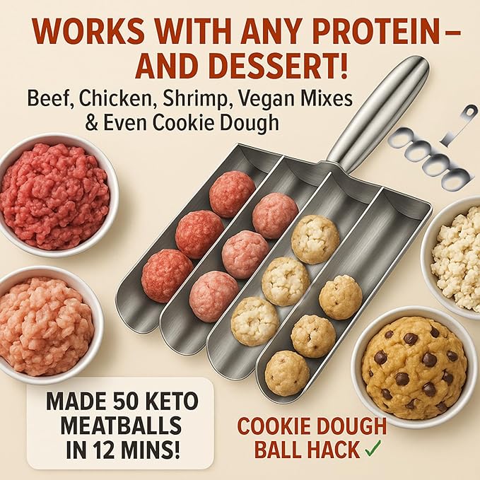 4-in-1 Meatball Maker Tool, 304 Stainless Steel Meatball Scoop & Mold, Makes 4 Uniform Meatballs at Once, Nonstick Release, Dishwasher Safe, for Pasta, Soup, Meal Prep & Party Appetizers