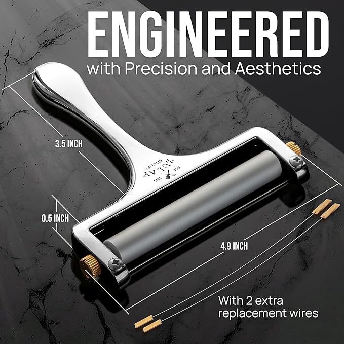 Zulay Kitchen Stainless Steel Wire Cheese Slicer - Adjustable Hand Held Cheese Cutter with 2 Extra Wires - Premium Cheese Shaver for Mozzarella, Cheddar, Gruyere - Cheese Cutter with Wire (Silver)