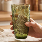 Vintage Green Drinking Glass, 16 oz Hand-Pressed Deep Textured Glass Cup, Fern Embossed Retro Glassware, Decorative Tumbler for Water, Cocktails & Juice, Boho Colored Kitchen Drinkware, Unique Gift