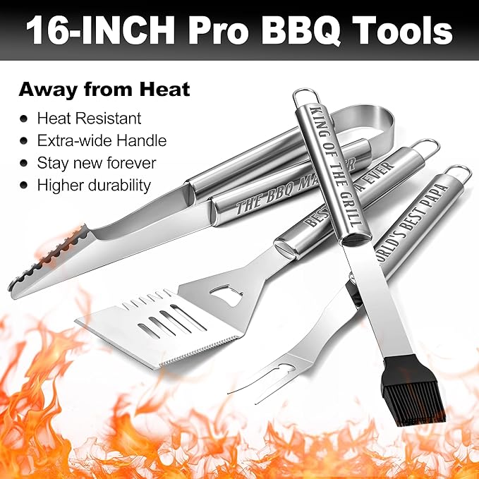 Papa Gifts from Grandkids, Gifts for Papa Christmas, Grilling Accessories, Heavy Duty Stainless Steel Grill Set BBQ Grill Tools for Outdoor Grill with Aluminum Case, Camping Grill Utensils Set