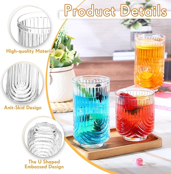 Vesici 8 Pieces Drinking Glasses Cocktail Glasses Arch Design Highball Ribbed Glassware Vintage Cups Ripple Aesthetic Tumblers for Whiskey Water Beverages Ice Coffee Juice Milk, 14 oz and 12 oz