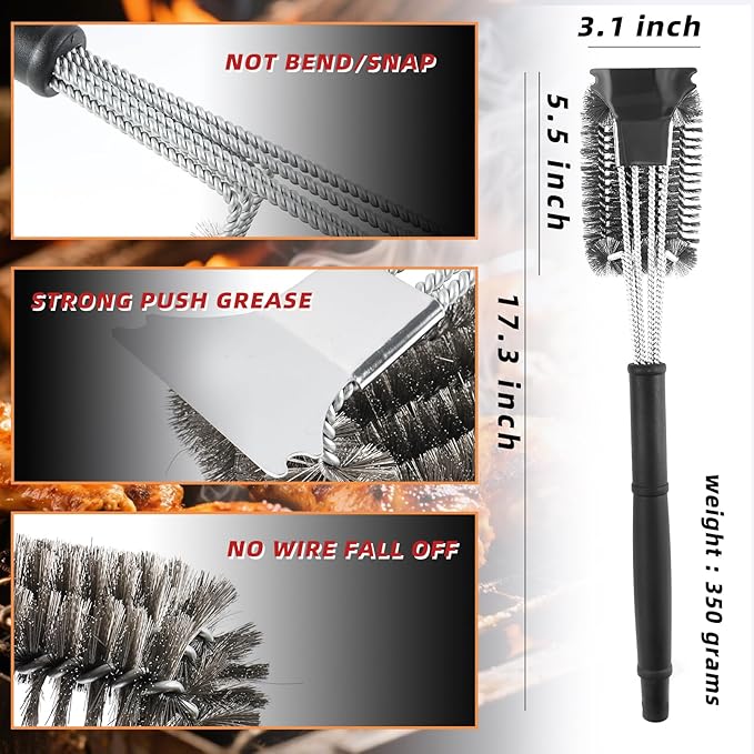 Grill Brush and Grill Brush for Outdoor Grill ，Scraper Extra Strong BBQ Cleaner Accessories Safe Wire Bristles Barbecue Triple Scrubbers Cleaning Brush for Gas/Charcoal Grilling Grates Wizard Tool