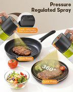 OURCABECUE Upgrade 2 in 1 Oil Sprayer for Cooking, 17oz Light-Blocking Glass Olive Oil Dispenser Bottle for Kitchen, Food-Grade Oil Mister with 8 Stickers for Salad, Frying (Green Bottle-Black Gap)