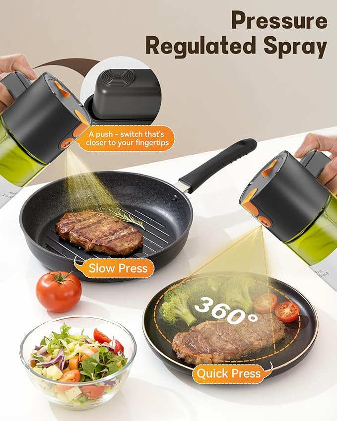 OURCABECUE Upgrade 2 in 1 Oil Sprayer for Cooking, 17oz Light-Blocking Glass Olive Oil Dispenser Bottle for Kitchen,Food-Grade Oil Mister with 8 Stickers(2PCS)