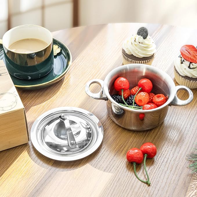 Macevia Mini Sauce Pan with Lid,Stainless Steel Butter Warmer Small Pot, For All Stoves Multipurpose Use for Home Kitchen or Restaurant (13.5oz/400ml) - Silver