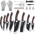 Meat Cleaver Butcher Knife Set of 15PCS, Hand Forged Knives Set for Kitchen, High Carbon Japanese Knife Set with bag & 6 Accessories, Boning Knife for Meat Cutting, Outdoor Cooking BBQ Camping Gift