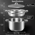 4 QT Stainless Steel Cookware Set, 3-Piece Multipurpose Stock Pot with Steamer Pot and Tempered Glass Lid, Stainless Steel Handle, Work with Gas Electric Induction Stove