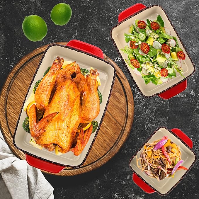 AVLA 3 Pack Ceramic Bakeware Set, Porcelain Rectangular Baking Dish Lasagna Pans for Cooking, Kitchen, Casserole Dishes, Cake Dinner, 12 x 8.5 x 6 Inches of Baking Pans, Banquet and Daily Use, Red
