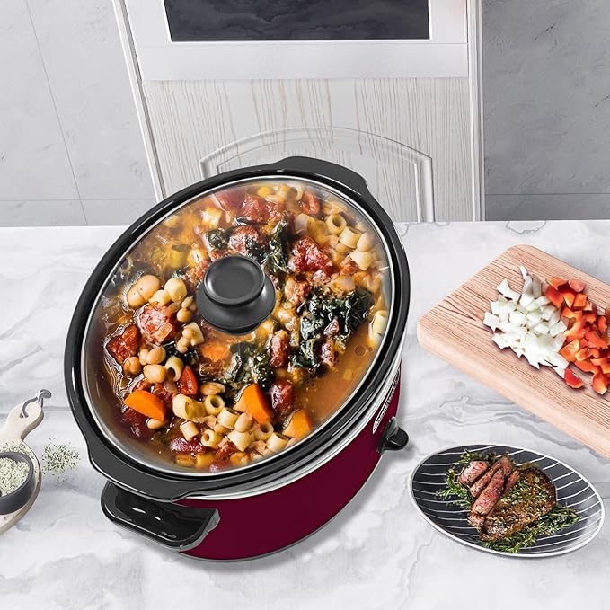 HOMECOOKIN 6 Quart Slow Cooker Oval Manual Pot Food Warmer with 3 Cooking Settings, Red Stainless Steel