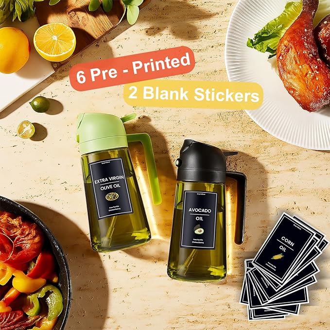 CXINYI - 16oz/470ml Olive Oil Dispenser for Kitchen with Stickers - 2 in 1 Olive Oil Sprayer for Cooking, Air Fryer, and Salad, Green (Light-Proof Kitchen Gadget)