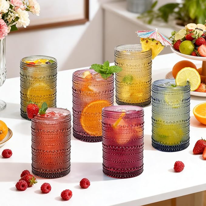 GGOLDMER Colored Hobnail Drinking Glasses Set of 6, 12oz Vintage Kitchen Glassware, Embossed Design Water Glasses, Glass Cups, Water Tumbler for Beer, Juice, Cocktail, Whiskey, Milk