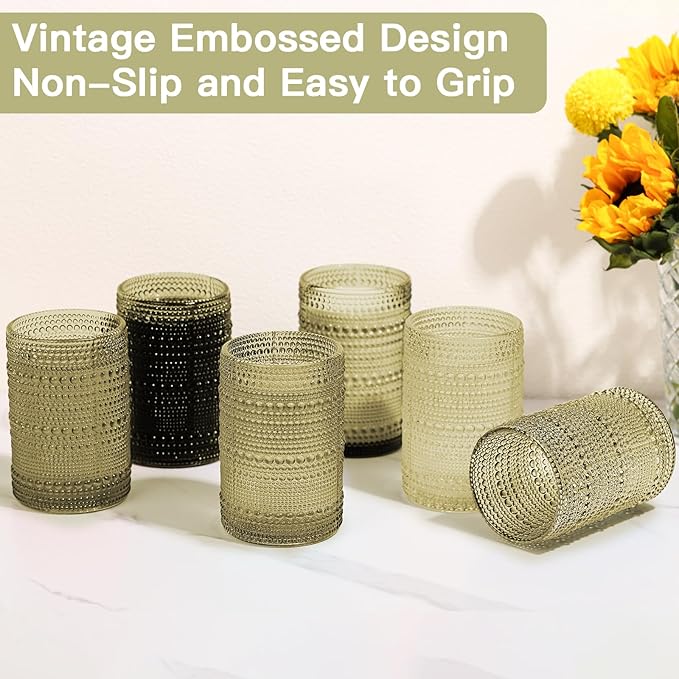 JOVGANK Green Vintage Hobnail Drinking Glasses Set of 6, Water Tumbler 15oz, Kitchen & Bar Beaded Highball Glasses, Beverage Glass Cups for Water, Beer, Juice, Housewarming and Mother's Day Gift