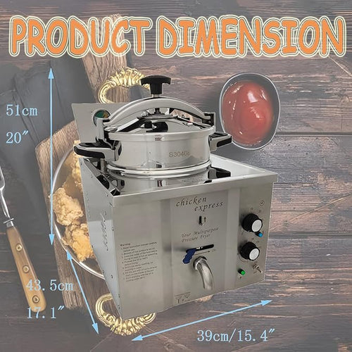 110V 16L Commercial High Pressure Fried Chicken Stove 2.4KW Electric Countertop Pressure Fryer Stainless Steel Kitchen Frying Machine for Snack Bar Restaurant