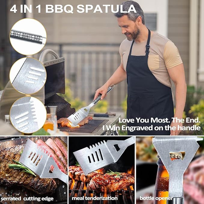 Bonus Dad Gifts, Christmas Bonus Dad Gifts for Him Heavy Duty Grilling Accessories Kit for Backyard BBQ, Thick Stainless Steel Grill Utensils with Non-Slip Handle Tool for Man on Birthday