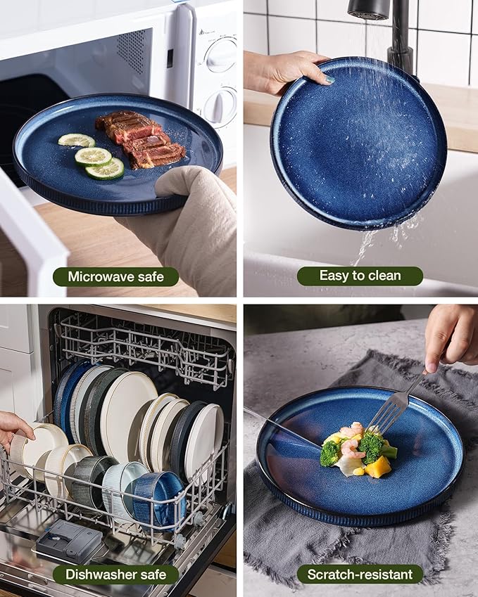 Famiware Star 24-Piece Stoneware Dinnerware Sets for 6 - Shallow Pasta Bowls & Flat Plates, Modern Rustic Reactive Glaze Dishes, Chip & Scratch Resistant, Microwave & Dishwasher Safe, Nebulas Blue