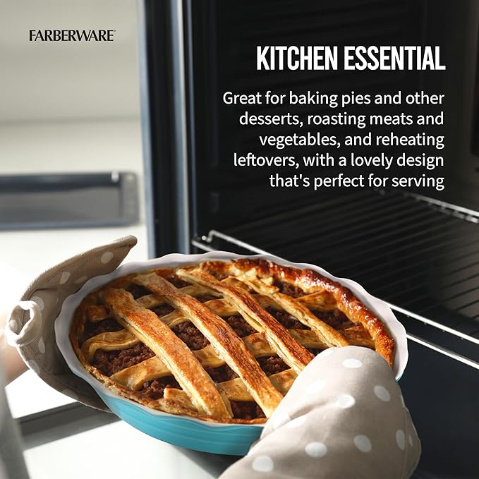 Farberware Bakers Advantage 10 Inch Pie Dish, Stoneware Pie Pan with Scalloped Edge, Two-Tone Teal and Ivory Ceramic Pie Plate for Baking Quiche, Casseroles, and Deep Dish Pies