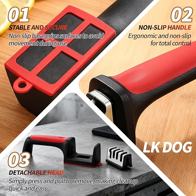 4-in-1 Kitchen Knife Sharpener, Professional Grade with Tungsten Steel and Ceramic Slots, Scissor Sharpening, Black/Red
