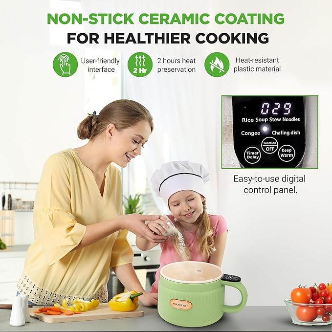 NutriChef 1.6 QT Portable Electric Rice Cooker & Lunch Maker | Multi-Functional & Non-Stick Ceramic Coating | Digital Control Panel | 6 Cook Functions: Rice, Soup, Stew, Porridge & More | Green