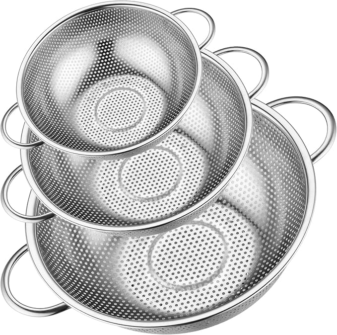 Leonyo Stainless Steel Colander for Kitchen, Micro-Perforated Metal Strainer with Handles for Draining Pasta, Strainers and Colanders Set of 3(1-3-5Quart) for Rinsing, Steaming, Dishwasher Safe