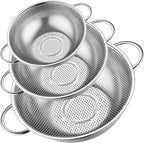 Leonyo Stainless Steel Colander for Kitchen, Micro-Perforated Metal Strainer with Handles for Draining Pasta, Strainers and Colanders Set of 3(1-3-5Quart) for Rinsing, Steaming, Dishwasher Safe