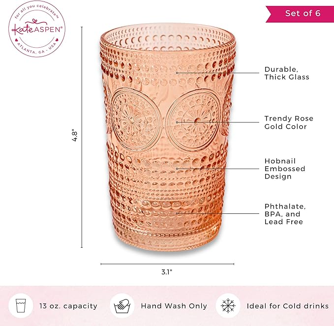 Hobnail Beaded Floral Rose Gold Drinking Glasses Set of 6, (13 oz) Vintage Glassware Set by Kate Aspen| Cocktail Glass Set, Juice Glass, Water Cups | Great Hostess Gift & Gift for New Home Owners