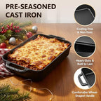 9x13" Casserole Dishes for Oven with Lids - 2-In-1 Pre-Seasoned Cast Iron Baking Dish for Lasagna, Sourdough Bread